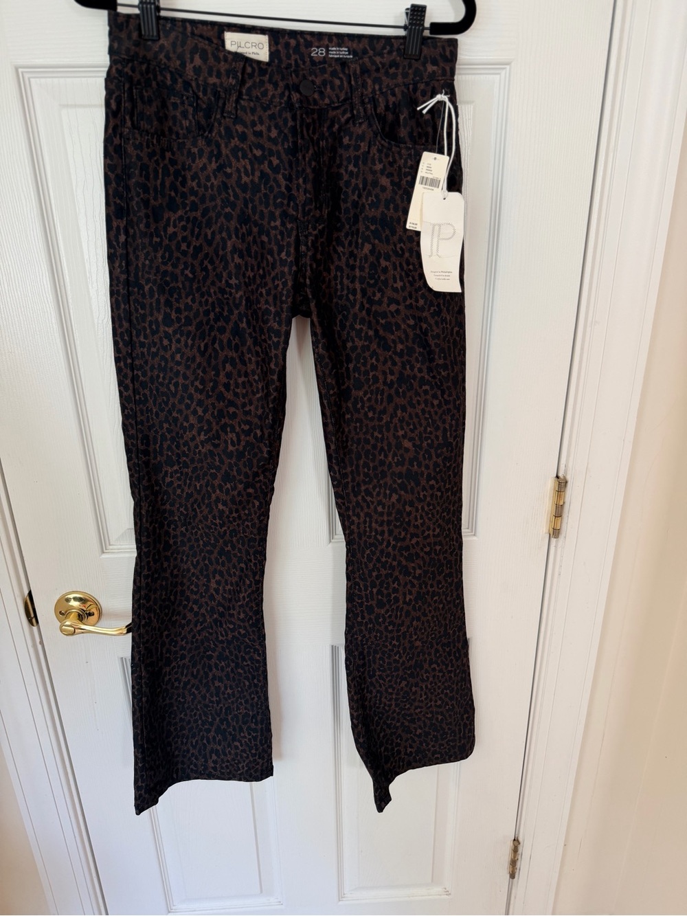 Pilcro Anthropologie Leopard Print Flared Denim Pants Size 28 NWT